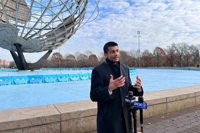 Dr. Dave Chokshi, New York City’s health commissioner, discusses a new report on Asian and Pacific Islander health in front of the Unisphere in Flushing Meadows-Corona Park, December 10th, 2021